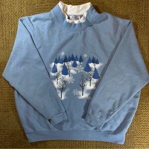 Vintage 90s Winter Forest Icy Blue Crewneck Grandma Sweater